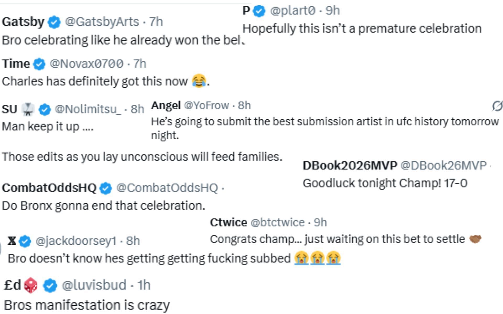 Screenshot of fan reactions to Topuria celebrating his 'win' over Charles Oliveira